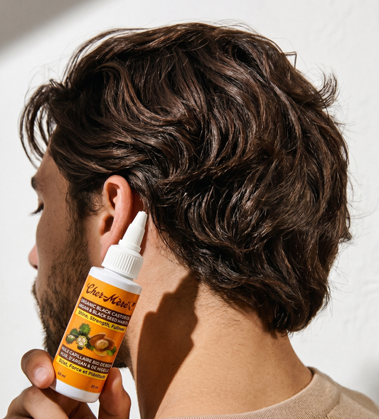 Person holding a bottle of earwax removal product near their ear against a white background