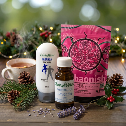 Sip, Soak & Unwind gift set with tea and lavender essential oils and Tabanca body wash.
