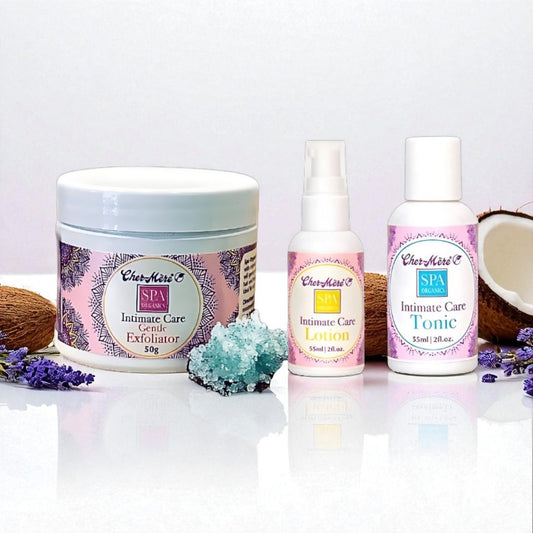 Spa product set including a jar, lotion, and tonic with decorative elements on a white background.
