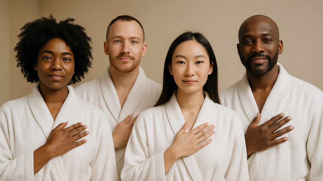 A group of diverse people in white robes showing thankfullness