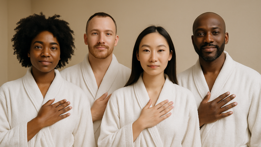 A group of diverse people in white robes showing thankfullness