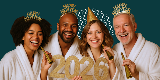 A group of diverse people celebrating the New Year in spa robes. 