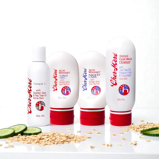 Set of Cher-Mere skincare products with cucumbers and oats on a white background