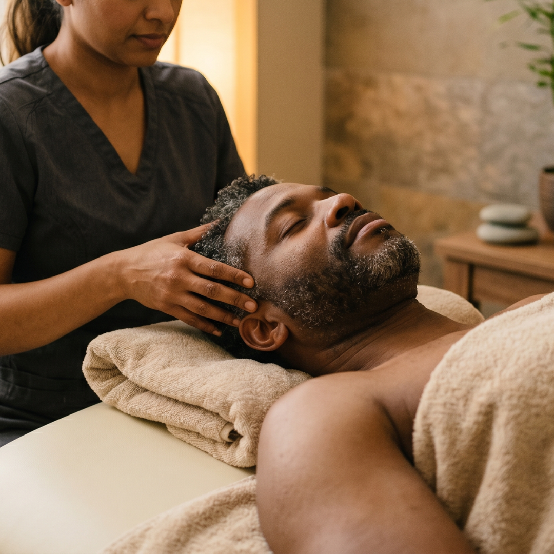 A man getting a scalp massage in a spa setting.