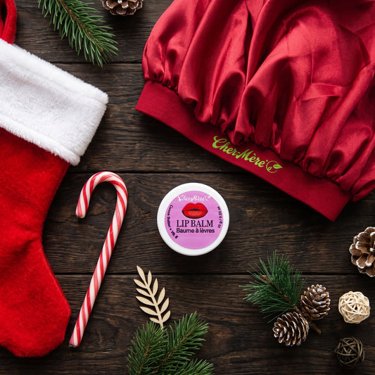 Lip balm, candy cane and satin bonett.