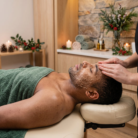 A man getting a facial with a green towel.