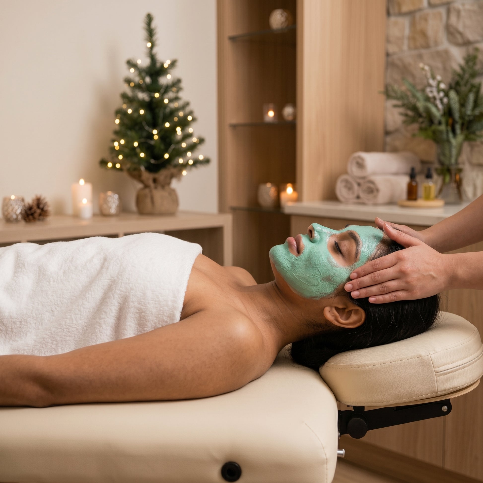 A woman with a green face mask on getting a massage.
