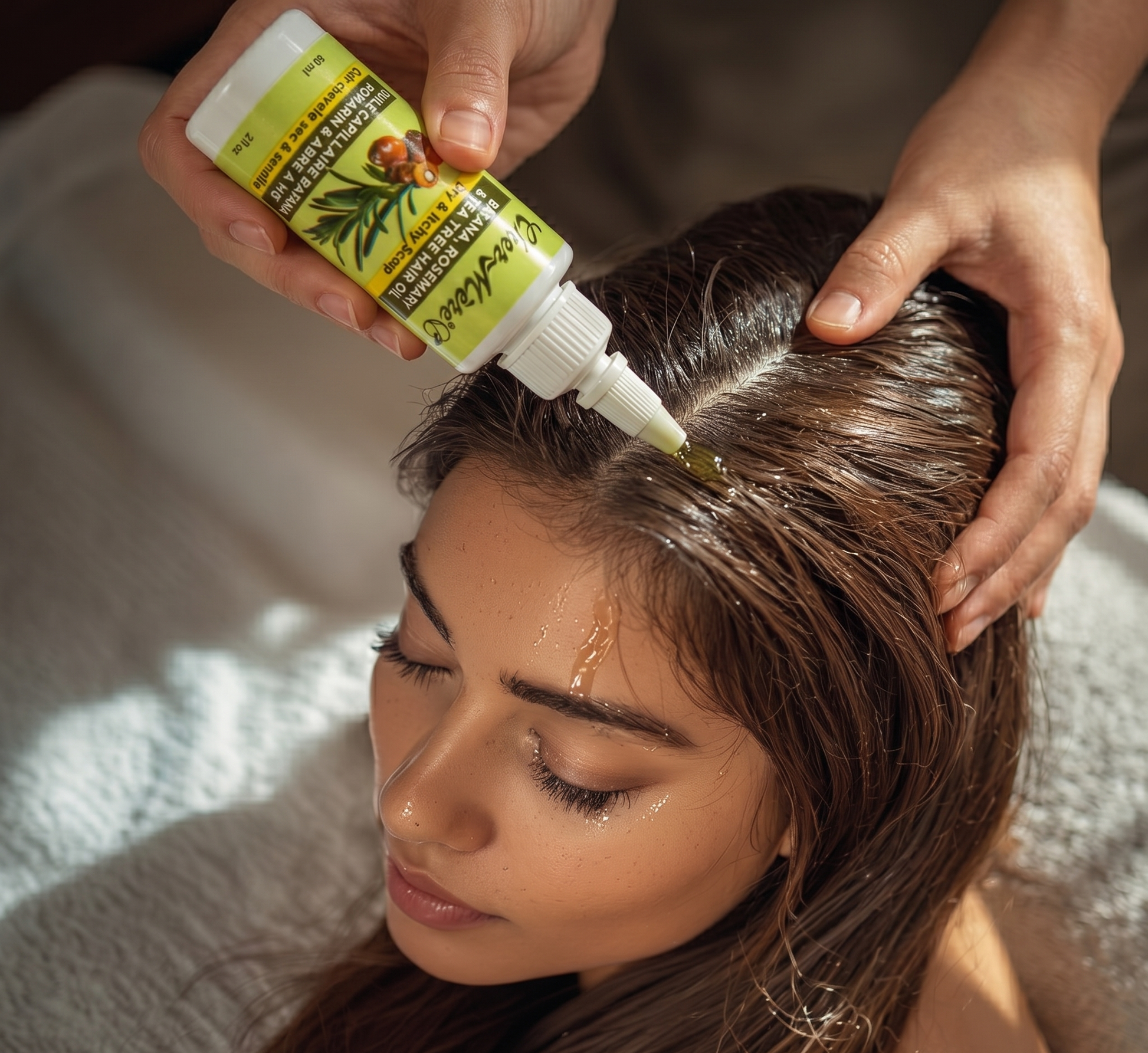 Person applying a hair treatment product to their hair