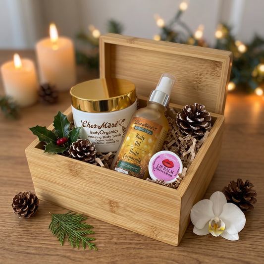 Merry & Moisturized gift set with body shimmer, lip balm and Amazing Body Scrub