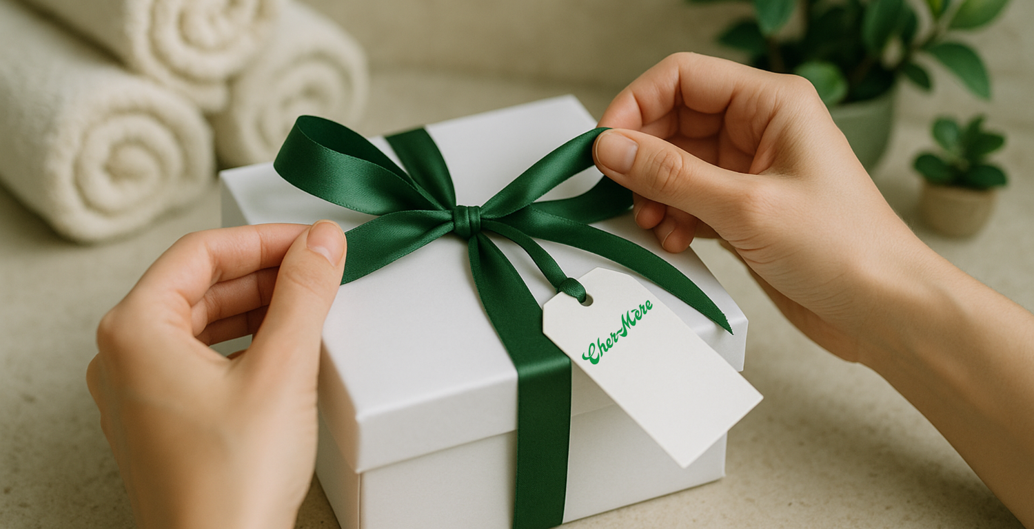 A person unwrapping a white gift box with a green ribbon