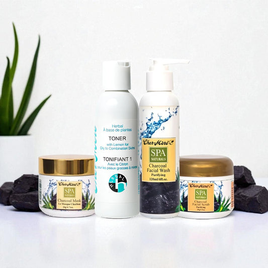 Set of skincare products including toner, facial wash, and masks on a white background with a plant.